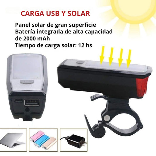 Linterna Para Bicicleta Solar con Cargador y Bocina